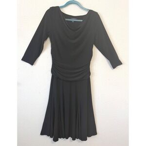 Chaps Long Sleeve Black Midi Dress Ruched Waist Waterfall Neck Large Party Dress